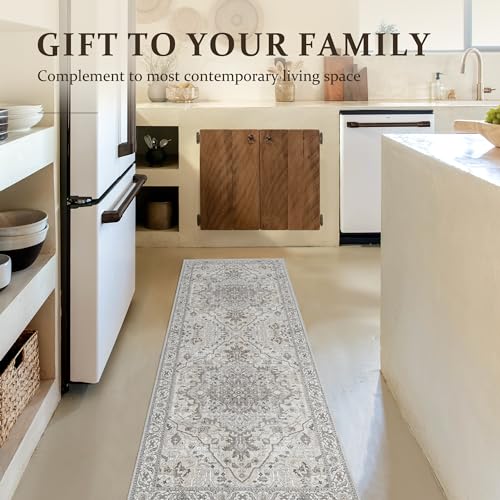 Deerly Vintage Runner Rug 2x6 Hallway Runners Boho Non-Slip Entryway Throw Rug Faux Wool Non-Slip Washable Low-Pile Floor Carpet for Indoor Front Entrance Kitchen Bathroom, Beige/Multi