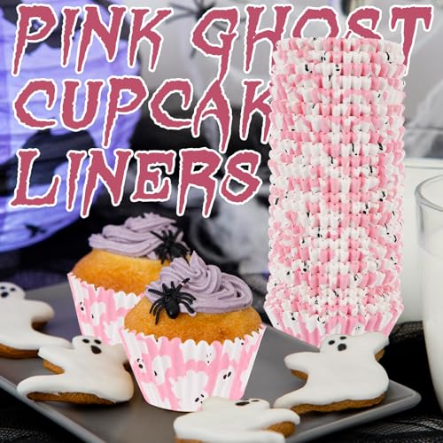 Image of 600 Pack Halloween Cupcake Liners Pink Ghost Baking Cups Standard Size Muffin Liners for Halloween Party Candy Cake Decorations Supplies