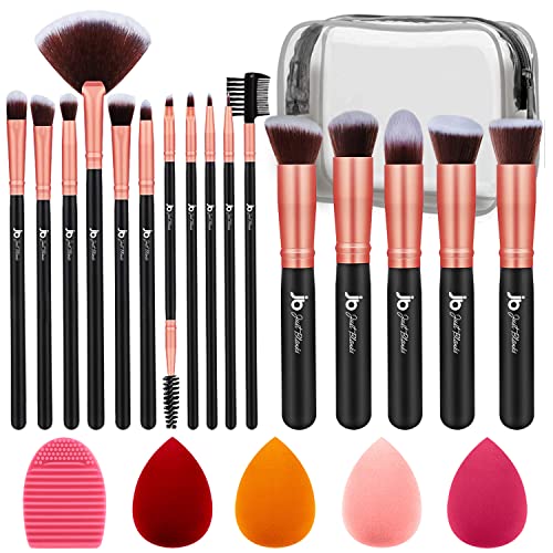 JustBlanks 16 Makeup Brushes 4 Blender Makeup Sponges Powder Blush Eye shadow Concealer Foundation make up brush set with 1 Cleaning Pad and case, Black Rose Gold