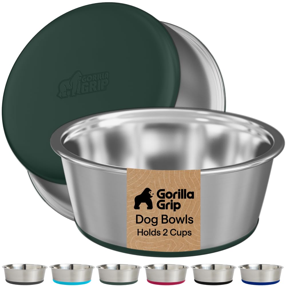 GORILLA GRIP Dog Bowls, Food Grade Stainless Steel, Set of 2, 2 Cup, Green