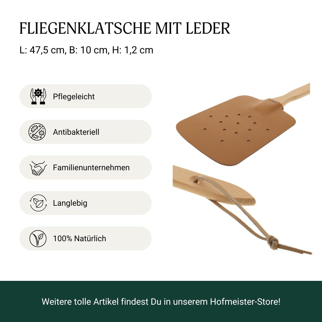 HOFMEISTER® Fliegenklatsche Groß aus Leder, Fliegentöter mit Holzstiel, Mückenklatsche, Insektenvernichter, Holzgriff, Effektiver Fliegenvertreiber & Mückenvernichter