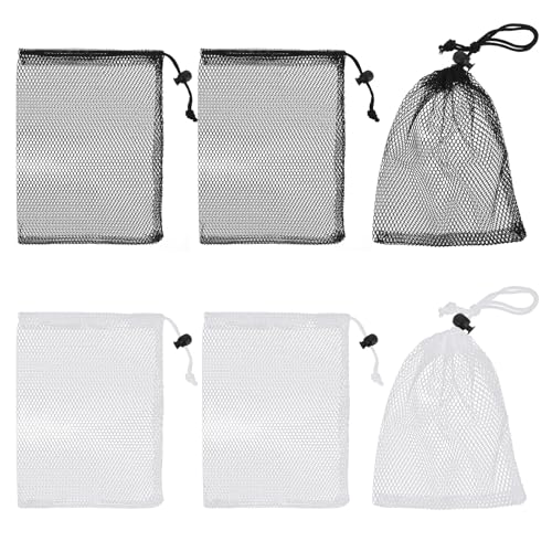 6PCS Small Mesh Drawstring Bags, 7.87 × 5.9 Inch Nylon Mesh Bag, Mesh Bags with Cord Lock, Net Bag for Travel Goods, Storage Bags (3 Black 3 White)