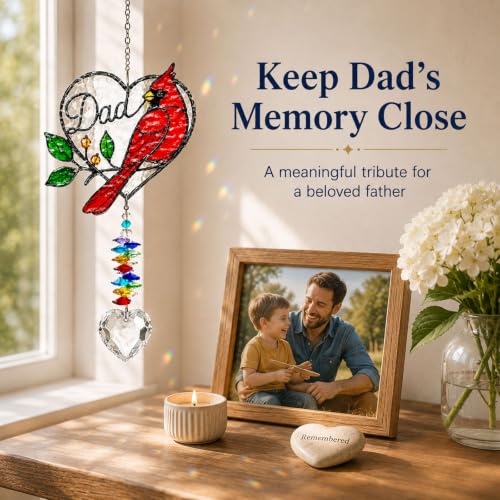 Image of Dad Memorial Ornament, Acrylic Heart Cardinal Suncatcher with Crystal Pendant, Stained Glass Style Christmas Tree Hanging Decor, Sympathy Gift for Loss of Father, Bereavement Remembrance Gift