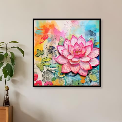 Image of PAINTINGMANTRA Multicolor Abstract Stretched Canvas Framed Painting Wall Art for Living Room Bedroom Office Cafe Pink Blue Green Lotus Abstract Framed Canvas Wall Decor Painting with Frame (58x58 cm)