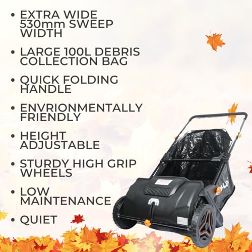 Garden Sweeper Collector Brush Rake - Silent Push Along - Extra Wide 530Mm Working Sweep Width & 100L Debris Collection Bag - Height Adjustable - Driveway, Patio, Lawn, Artificial Grass - 5