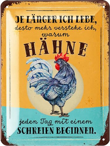 LANOLU Retro Blechschild WARUM HÄHNE SCHREIEN, vintage...