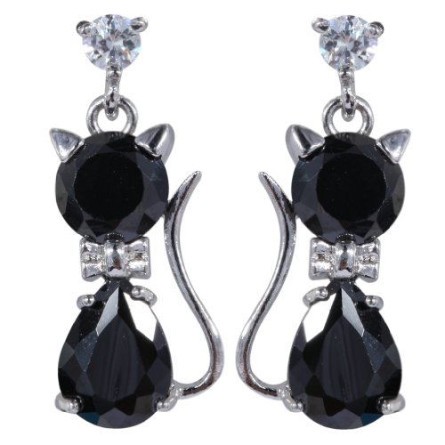 Yazilind Dazzling Silver Plated Cute Cat Cubic Zirconia CZ Flawless Post Dangle Earrings