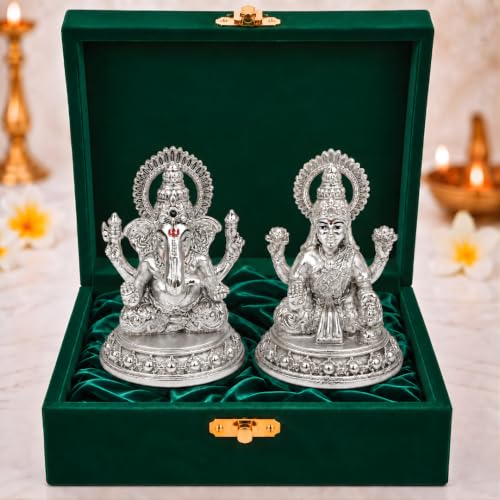 Image of 999 Silver Plated Lakshmi Ganesh Set - 3.5 Inch l Laxmi Ganpati Murti for Pooja Room, Office Desk & Diwali, A Home Decore & Spiritual Gift