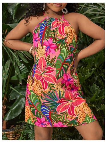 Girl's Tropical Floral Sleeveless Halter Dresses Sleeveless Vacation Holiday Short Cami Dress3