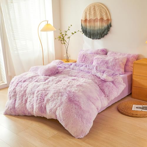 Shaggy Fluffy Tie Dye Lilac Comforter Cover Twin Set – Faux Fur Shaggy Tie Dye Lilac Bedding 2-Piece Set (1 Plush Duvet Cover + 1 Furry Pillow Sham) Cozy Bed Set