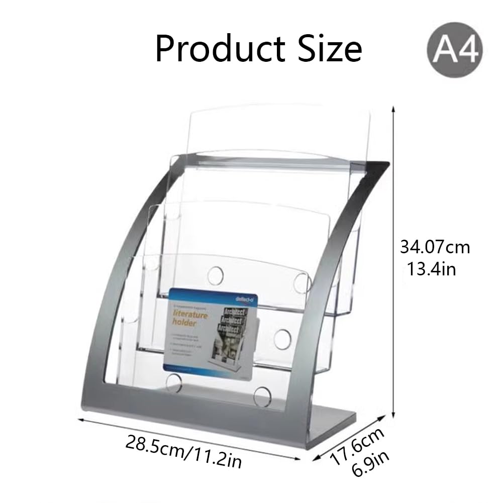 Porte-brochures en Acrylique,Porte-revues Transparent à 3 Niveaux sur Pied,présentoir à brochures,Organisateur de journaux avec 3 Poches pour comptoir (A4),argenté