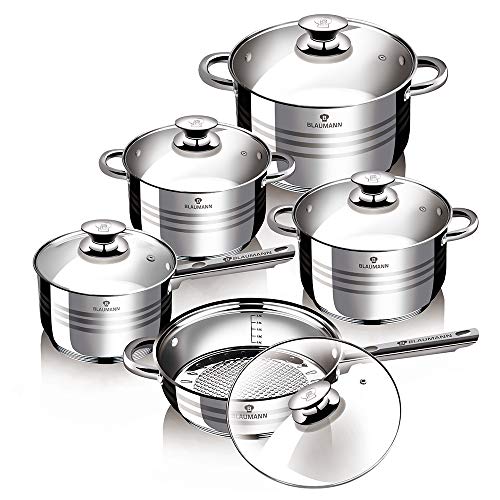 Gourmet 12/10 Pcs Silver Stainless Steel Non Stick Cookware Set Pots Pans Kitchen Induction Set (10 Pcs)