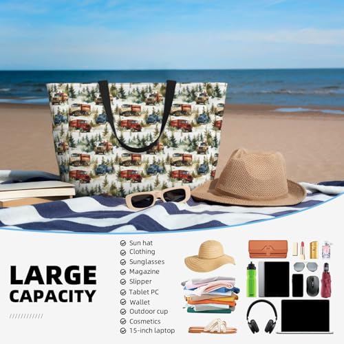 Large Beach Bags for Women Sandproof - Forest Retro Truck Print Summer Travel Work Tote Bags with Zipper4