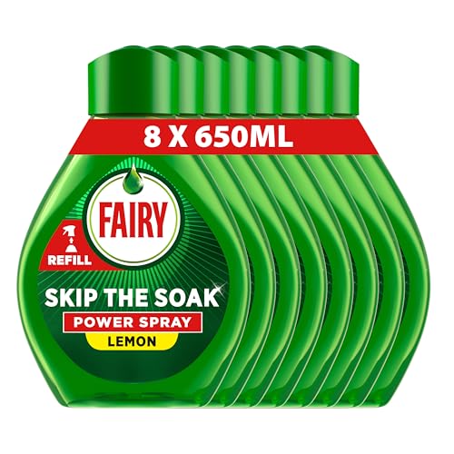 Fairy Skip the Soak Dish Power Spray Refills, Lemon, 8x650ml, Degreaser Spray for Dishes & Kitchen Surfaces