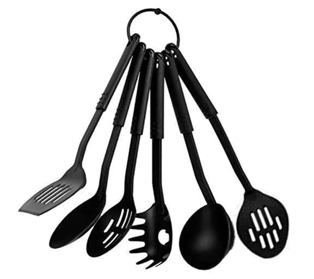 Durolane Kitchen Cooking Utensils Set of 7, Heat-Resistant Cooking Utensil Kitchen Spatula for Nonstick Cookware Cooking Serving, Slotted Turner, Soup Ladle, Spatula, Pasta Server, Spoon - Black