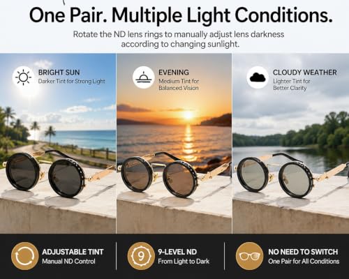 Image of Glaceon 1-9 Gears Adjustable Tint Sunglasses, Rounded Polarized Glasses with ND Filter Lenses, Polarized Sunglasses for Men, Lightweight Sun Glasses with UV Protection for Driving Fishing