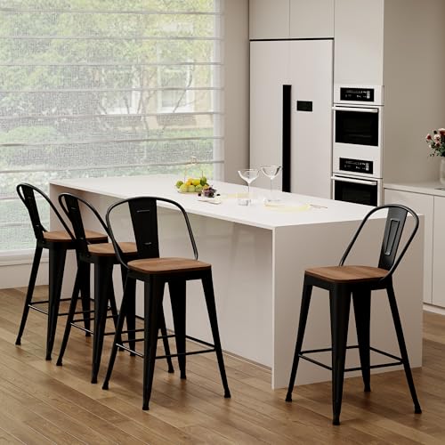 Juego de 4 butacos industriales Yongchuang de altura para barra, estructura metálica negra y asiento de madera laminada con respaldo alto miniatura 3