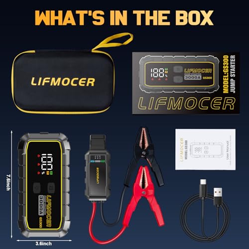 GS300 Car Jump Starter,3000A Portable Battery Jumper Starter for Up to 10.0L Gas & 8.0L Diesel Engines,59.2WH 12V Jump Box with Storage Case,USB Quick Charge,LCD Display,for Cars,Motorcycles,Trucks — view 6