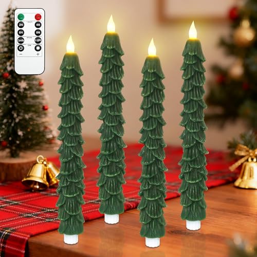Image of Crystal Club Christmas Tree Flameless Taper Candles, Battery Powered Candles with 3D Flickering Flame Wick & Remote Timer, Real Wax LED Taper Candlesticks for Holiday Christmas Decor, Set of 4