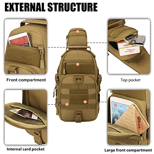 Minghuichic Tactical Sling Bag Pack Military Sport Bag Molle Shoulder Backpack Edc Crossbody Chest Daypack (1 Patch Included), Brown #TOP3