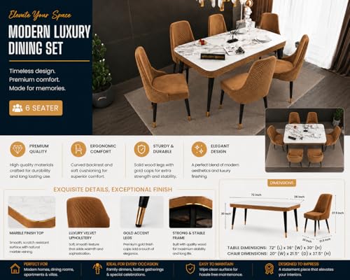 Image of WOODEN SPACE 6-Seater Wooden Dining Table Set | Nano Composite Marble Top | Solid Wood Base | Modern Dining Room Furniture with 6 Chairs (Brown Modern Vento)