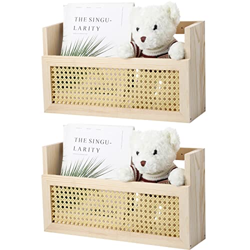 Image of Geelin 2 Pcs Wall Mounted Magazine Rack Wood Wall File Holder with PE Rattan Grid Wall Magazine Holder Hanging Document File Folder Organizer for Mail Book Bathroom Office Decor, 17.3 x 4 x 9.4 inch