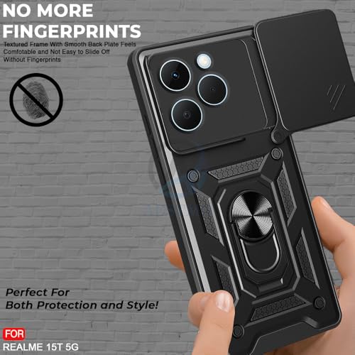 Image of AESTMO Tough Armor Realme 15T 5G Bumper Back Case Cover | Ring Holder & Sliding Camera Shield Cover | 360 Degree Protection Back Case Cover for Realme 15T 5G (Black)
