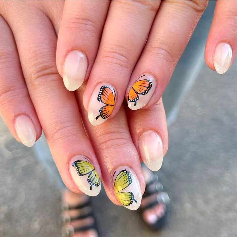 Uñas postizas con diseño de mariposa naranja y amarilla, uñas postizas a presión de almendra rosa claro nude, uñas cortas para mujeres, 12 tamaños,