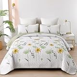 Dinjoy King Size Quilt Set Floral,3 Piece Green and Yellow Farmhouse Bedding Set Lightweight Flower Bedspreads White Coverlet Bed Sets Cute Boho King Quilts for Fall All Season(110