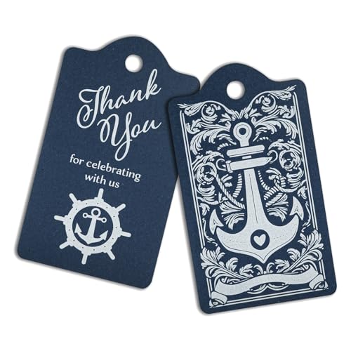 Étiquettes cadeau nautiques bleu marine Thank You dragées et baptême