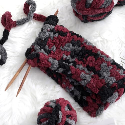 Image of Maboozoo Tie Dye Chunky Yarn for Crocheting & Knitting - 8 Pack, Wine Red & Grey Fluffy Jumbo Chenille Yarn (26 yds, 7.5 oz Each Skein)