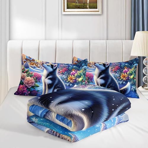 Image of AILONEN Cute Husky Dog Queen Size Comforter Set - Kawaii Puppy Animal Bedding Bet for Kids Boys Girls - Floral Snow Duvet with 2 Pillowcases - 3 Pieces