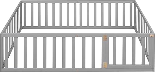 Miniatura 23 de Harper & Bright Designs Cama de suelo tamaño Queen con barandillas de seguridad y puerta, marco de madera para niñas/niños, cama Montessori para
