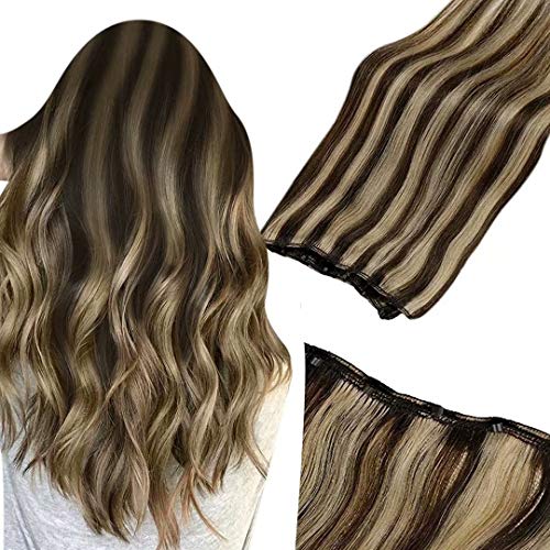 Remy Micro Ring Weft Hair Extensions Highlight LaaVoo Micro Beaded Weft Human Hair Extensions Double Weft Dark Brown with Caramel Blonde Micro Weft Brown EZE Weft Invisible Straight 16" 50g 12" Width
