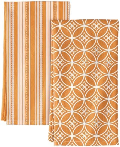 2 Pack Flour Sack Kitchen Towels - 16x26 Inch Cotton Dish Towels with Hanging Loop Reusable Geometric Boho Modern Retro Tea Towel Absorbent Dishcloths Home Decor, Orange Stripe