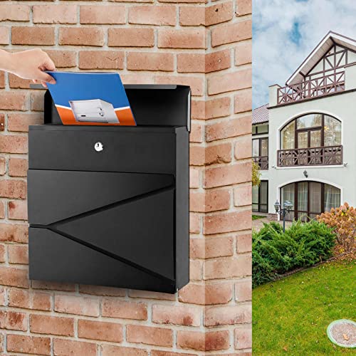 Image of Wall-Mount Mailbox for House Outside, Security Key Drop Box with Lock and Keys, Locking Postbox, Steel Metal Rust-Proof Mail Box, 11.02 x 11.02 x 4.33 Inch, Black, MD021
