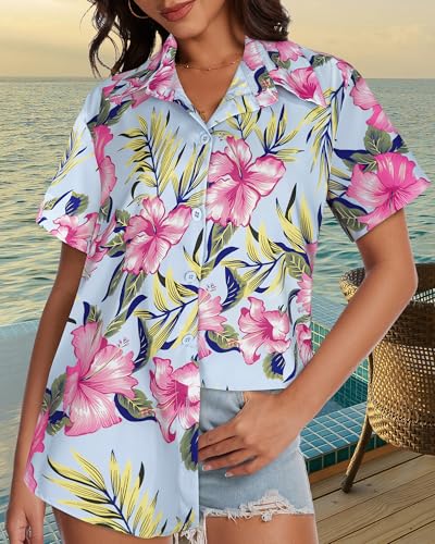 Image of Women Hawaiian Shirt Button Down Summer Tops Beach Short Sleeve Blouse