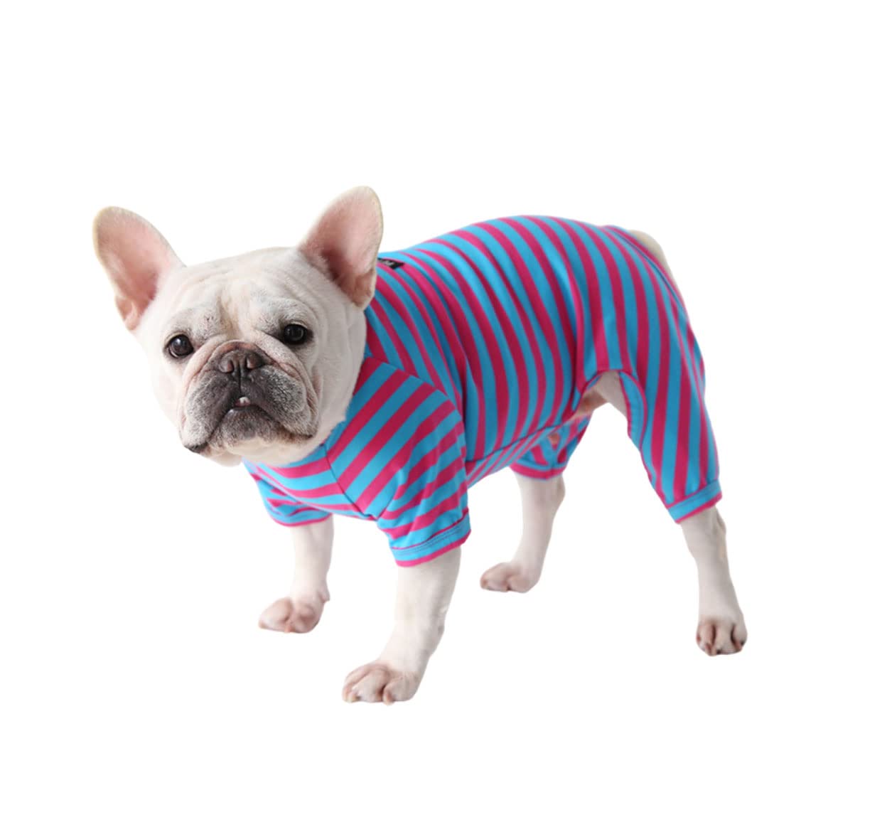 BT Bear Fat Dog Clothes,Dog Classic Striped Pajamas Soft Cotton Jumpsuit Bulldog Onesies Costume for Puppy Small Dogs (S,Blue Pink) — image 1