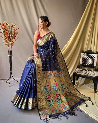 Image of SGF11 Women's Paithani Soft Lichi Silk Kanjivaram Sarees With Blouse Piece (Dark Blue)