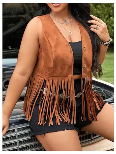 Women's Plus Size Fringe Trim Hem Jacket Sleeveless V Neck Button Front Vintage Jackets 70s Outfits3