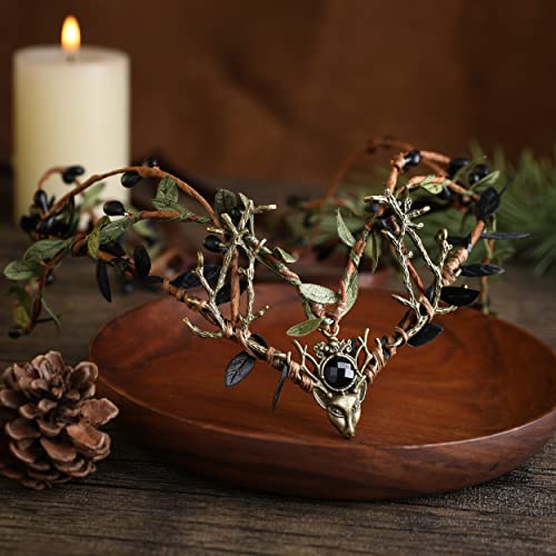 Mostory Dark Green Crown Headpiece Woodland Elf Headband For Women Girls Fairy Forest Circlet Tiara With Bronze Deer Antlers Halloween Renaissance Maternity Cosplay Costumes Hair Accessory #TOP3