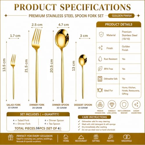 Image of Classic Gold 16 Pcs Stainless Steel Cutlery Set for Dining Table, Dishwasher Safe Glossy Flatware (Perfect Spoon Fork Set)