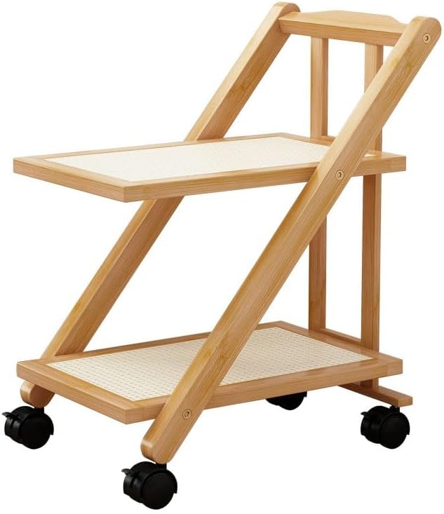 Makeup Toy 2-Tier Bamboo Serving Trolley with Movable Wheels - Foldable Kitchen Utility Cart, Rolling Food Serving Cart with Handle for Home, Restaurant, Tea Service, and Hospitality - Kitchen Island