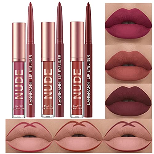 Bestland 6Pcs Matte Liquid Lipstick And Lip Liner Set, Non-Stick Cup Not Fade Waterproof Nude Lipstick Makeup Kits Velvety Nude Lipliner Lip Gloss Make Up Gift Set (Set D) #TOP8