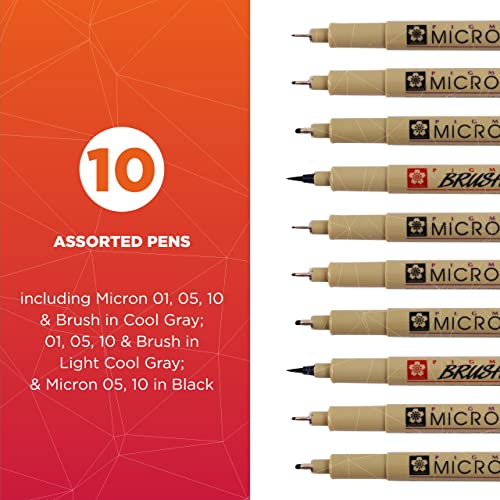 Sakura Pigma Micron Fineliner Pens - Archival Black And Gray Ink Pens - Pens For Writing, Drawing, Or Journaling - Assorted Point Sizes - 10 Pack #TOP1
