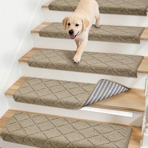 COSY HOMEER Bullnose Carpet Stair Treads,Peel and Stick Non-Slip Stair Treads for Wooden Steps,Washable Soft Edging Stair Tread,11' x 30' Pet-Friendly Reusable Stair Runner(14PCS,Taupe)