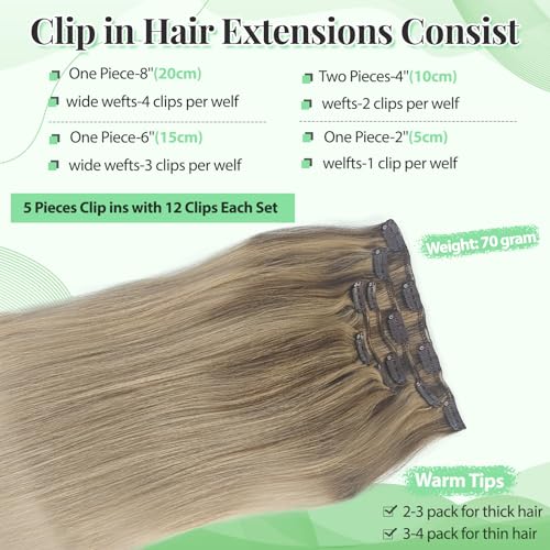 Image of SOSEXY Hair Extensions Real Human Hair Clip ins, 20 Inch Clip in Hair Extensions Real Human Hair Golden Brown Mix Golden Blonde Remy Hair Extension Clips 70g 5 Pcs for Women