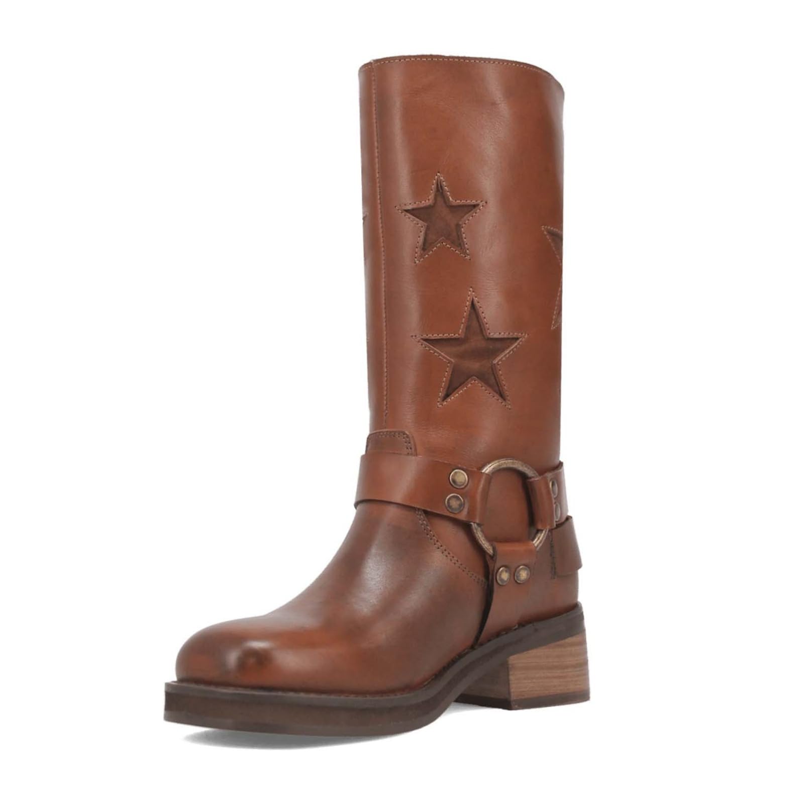 Goolita Womens Buckle Biker Knee High Boots Square Toe Chunky Heel Star Moto Mid Calf Boots Slip On