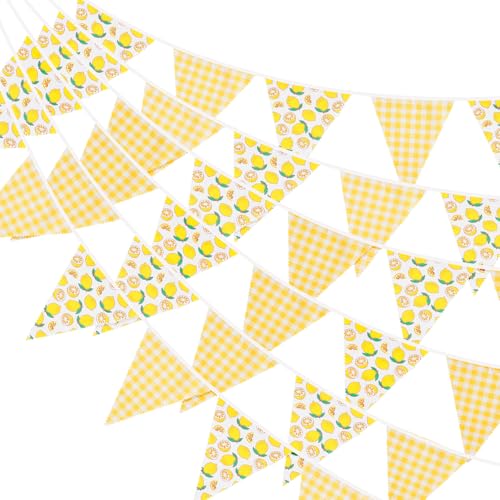 G2PLUS Guirlande Fanions Citron 12m en Coton:42 Fanions Triangulaires Motif Citron Un Jaunes et Blancs à Carreaux,15 x 19 cm pour Fête...