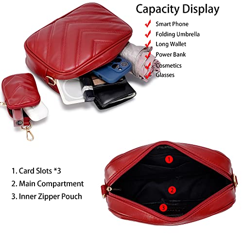 Image of Herald Chevron Quilted Small Crossbody Bag with Coin Purse Pouch, Women Square Camera Side Shoulder 2 Size Handbags (Red)